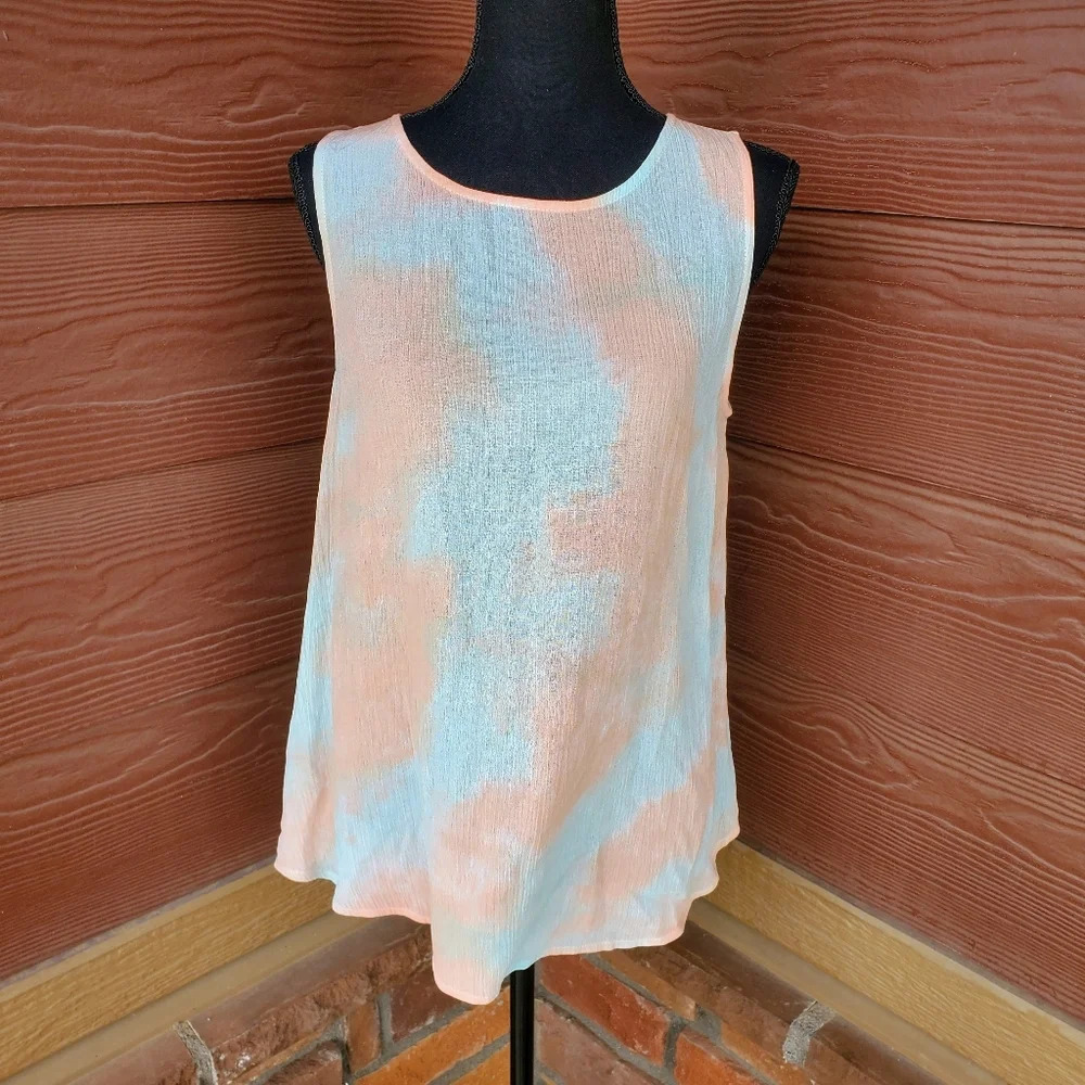 Staccato Women's Peach and Light Blue Watercolor Tie-Dye Sleeveless Blouse NWOT